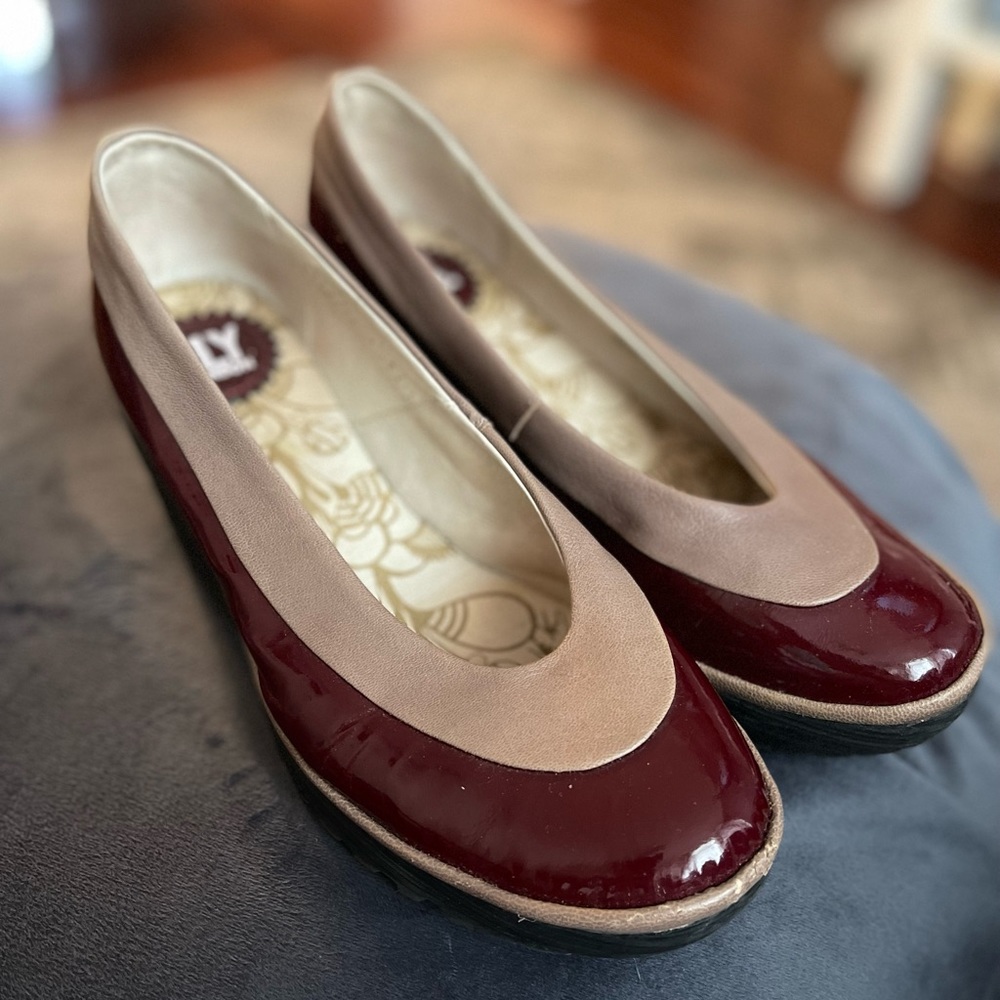Fly London Burgundy and Taupe Wedges